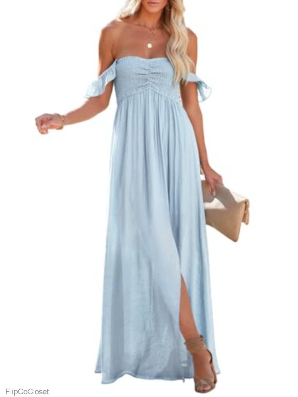 Women's Off Shoulder Smocked Maxi Dress Ruffle Short Sleeve A Line Side Slit